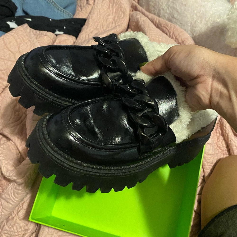 Dolce Vita Black Chunky Fur Loafers with Chain Detail